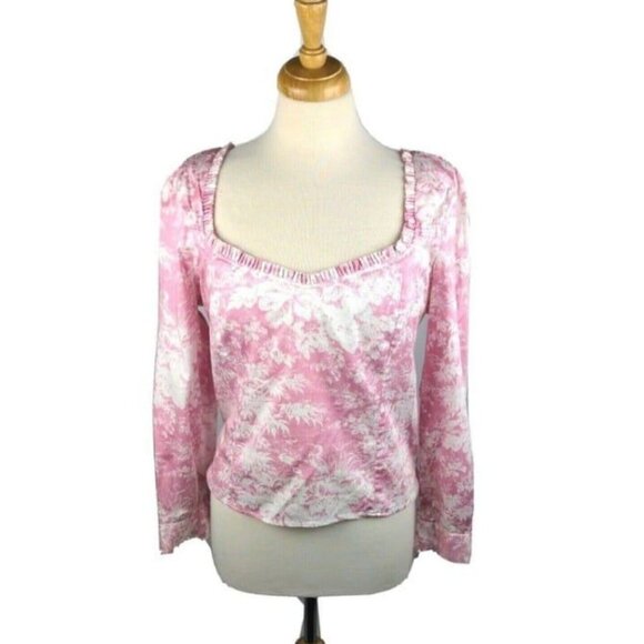 Wayf Womens Blouse Smocked Waist Long Sleeve Pink Floral Print Size XL NWOT - Picture 1 of 9